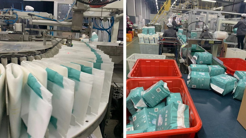 Máquina para fabricar pañales para adultos. Producción en masa para la nueva marca de los clientes.